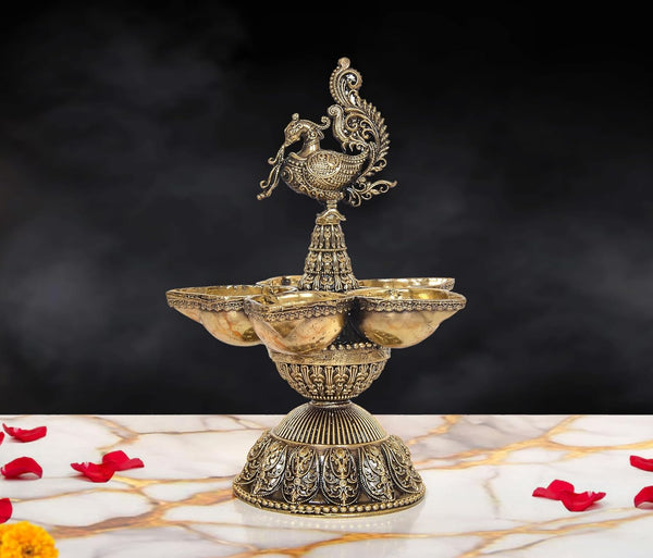 Superfine Brass Oil Lamp On Peacock | Five Diya Stand (Height: 6.5 Inches)