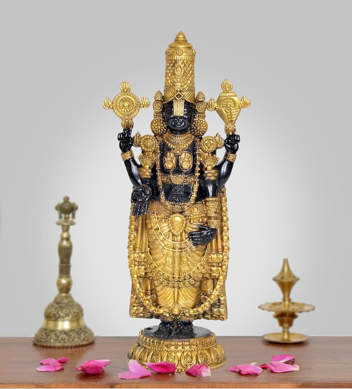 Brass standing four-armed Lord Balaji/Tirupati idol statue, black face and gold ornaments