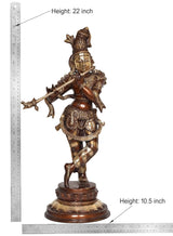 Brass Krishna flute idol statue, height 22 in, measured with ruler against white
