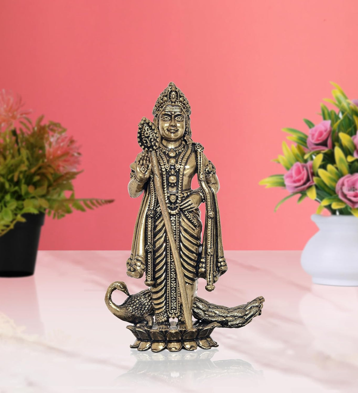 AONA Superfine brass Murugan statue, 4 inch, with peacock and lotus base