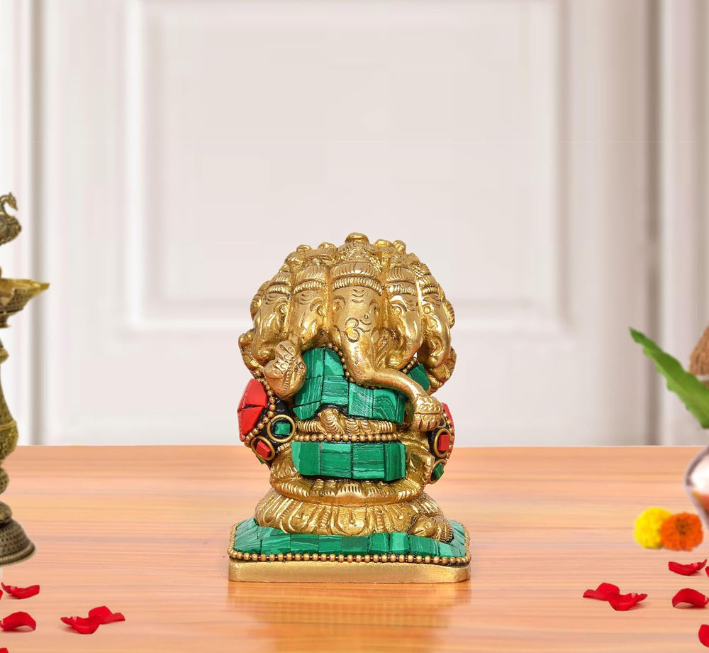 Brass Multicolour Panchmukhi Ganesha Sitting Murti (Height: 3 inch)