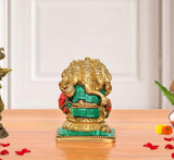 Brass multicolour panchmukhi Ganesha sitting murti, front view with teal and red accents