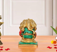 Brass multicolour panchmukhi Ganesha sitting murti, front view with teal and red accents