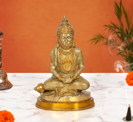 Brass Hanuman Hand Carved Meditating Idol (Height: 7.5 Inch)