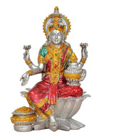 Lakshmi resin statue on lotus, teal blouse and red sari, jeweled gold halo