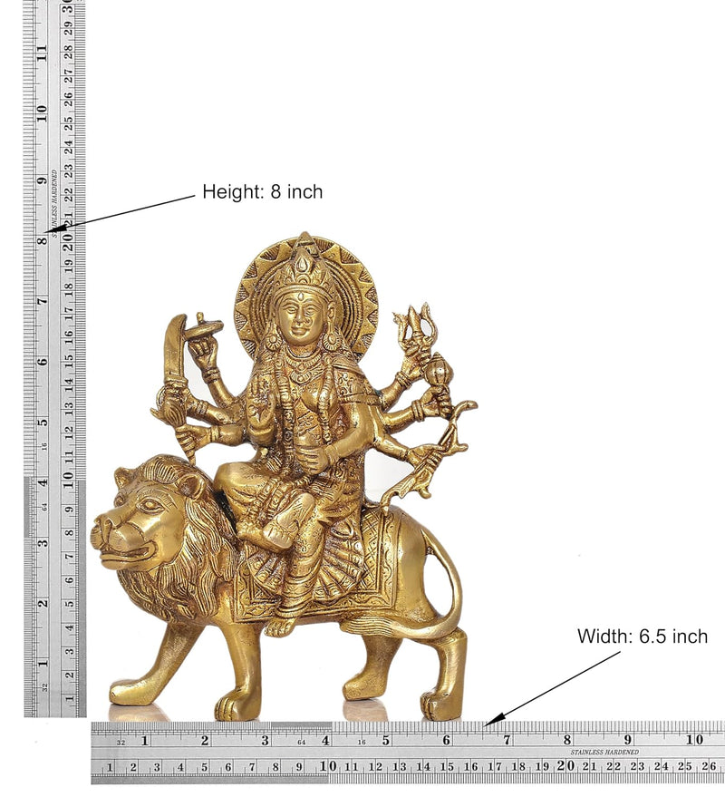 Brass Durga Maa with Lion Idol Hindu Goddess Sherawali MATA Murti MATA Rani Statue Figurine Home Temple (Height: 8 Inch)