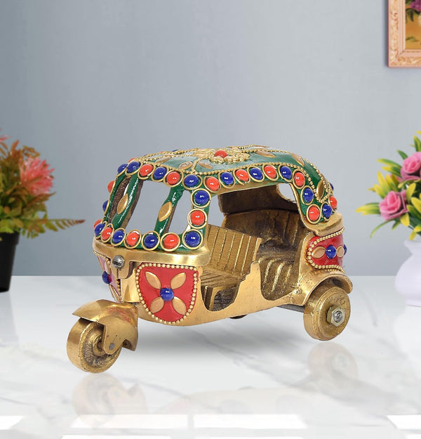Brass Auto Rickshaw Tuk-Tuk Indian Vehicle Showpiece for Home and Office Decor Decorative Sculpture Figure (Height: 3 Inch) Mandir Setting
