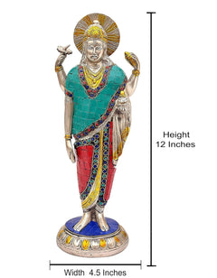 Brass statue height 12 inches; Dhanvantari figure with teal-red robe, golden crown, blue base