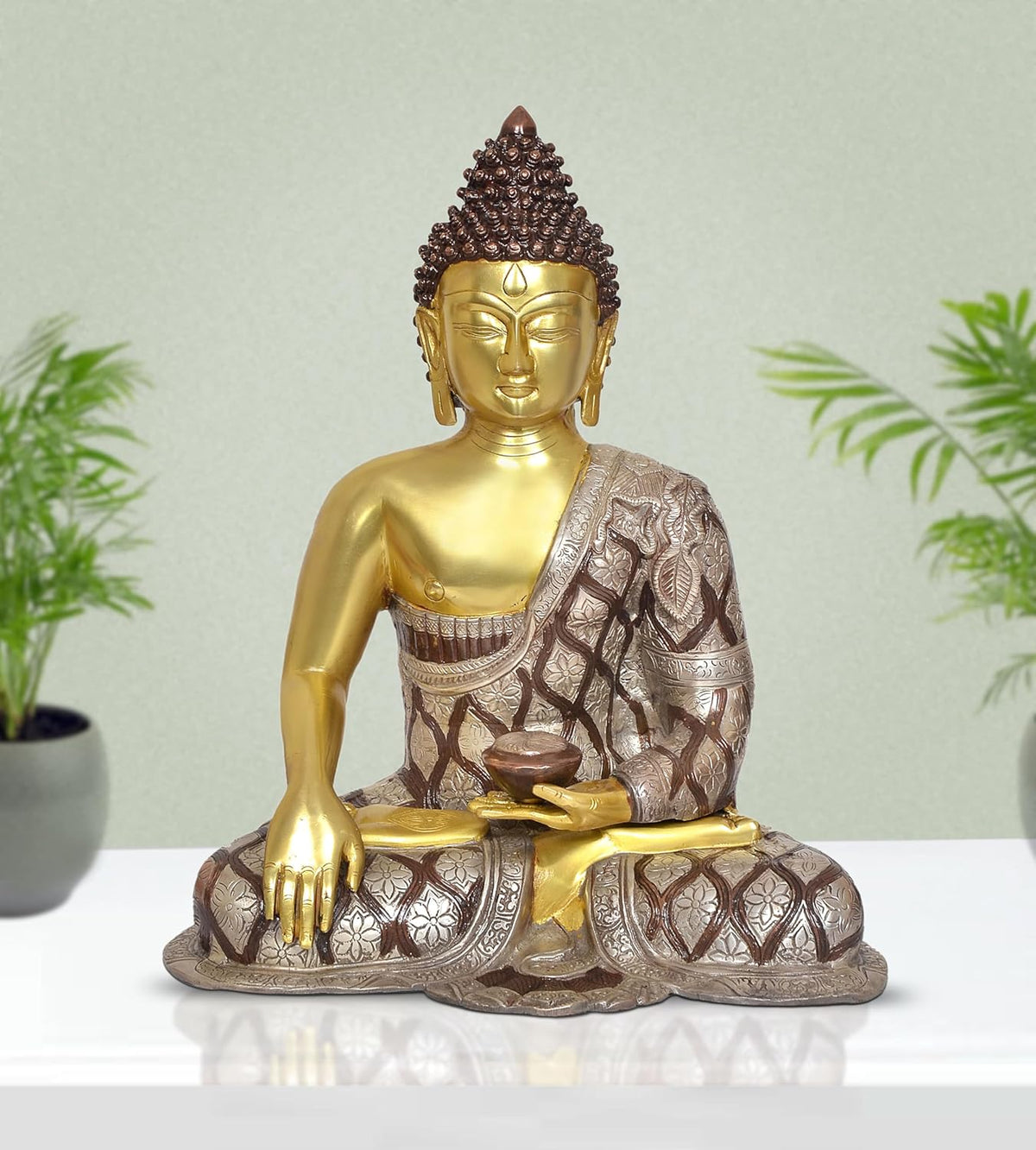 Meditating Buddha statue, gold brass finish, Dhyan mudra, patterned robe