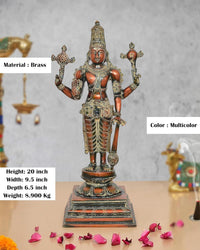 AONA multicolor brass Vishnu standing idol, 20 inch, detailed crown and four arms