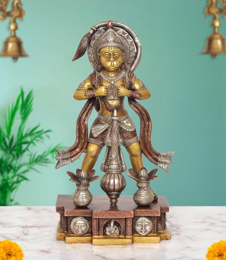 Brass Standing Hanuman Idol Showing Ram and Sita in His Heart (Height 12.5 Inch)