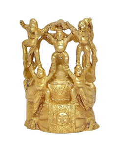Brass gold laughing Buddha home decor figurine, full front view with child faces, 8 in