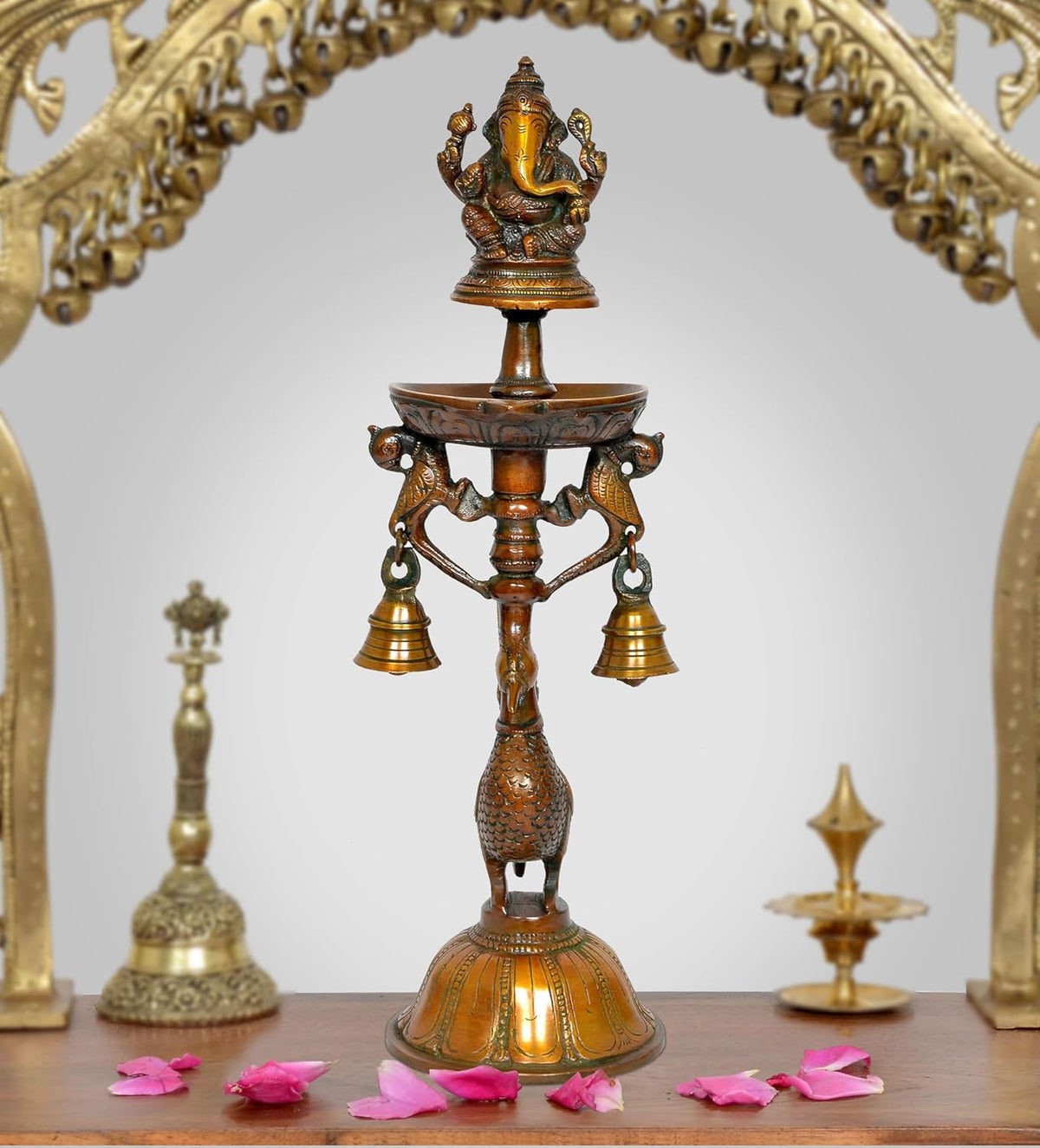 Brass Ganesha diya lamp with four hanging bells, 13 inch height
