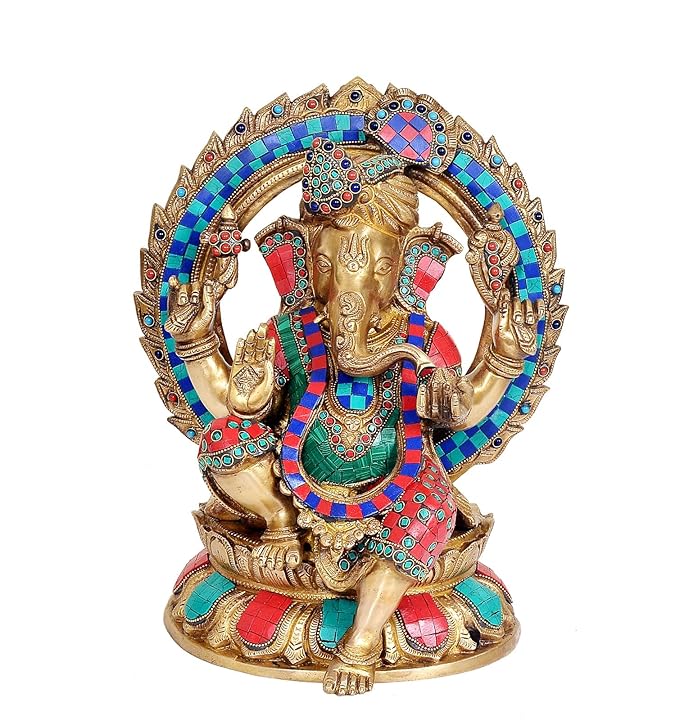 Brass Ganesha Statue Idol On Lotus with Frame for Home Decor | Height : 13.5 inches