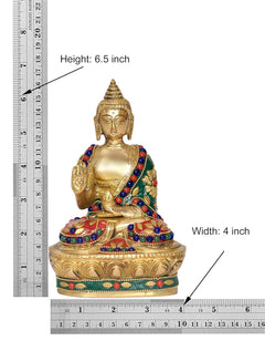 Brass Buddha statue 6.5 in tall, colorful beaded robe on lotus base (4 in wide)