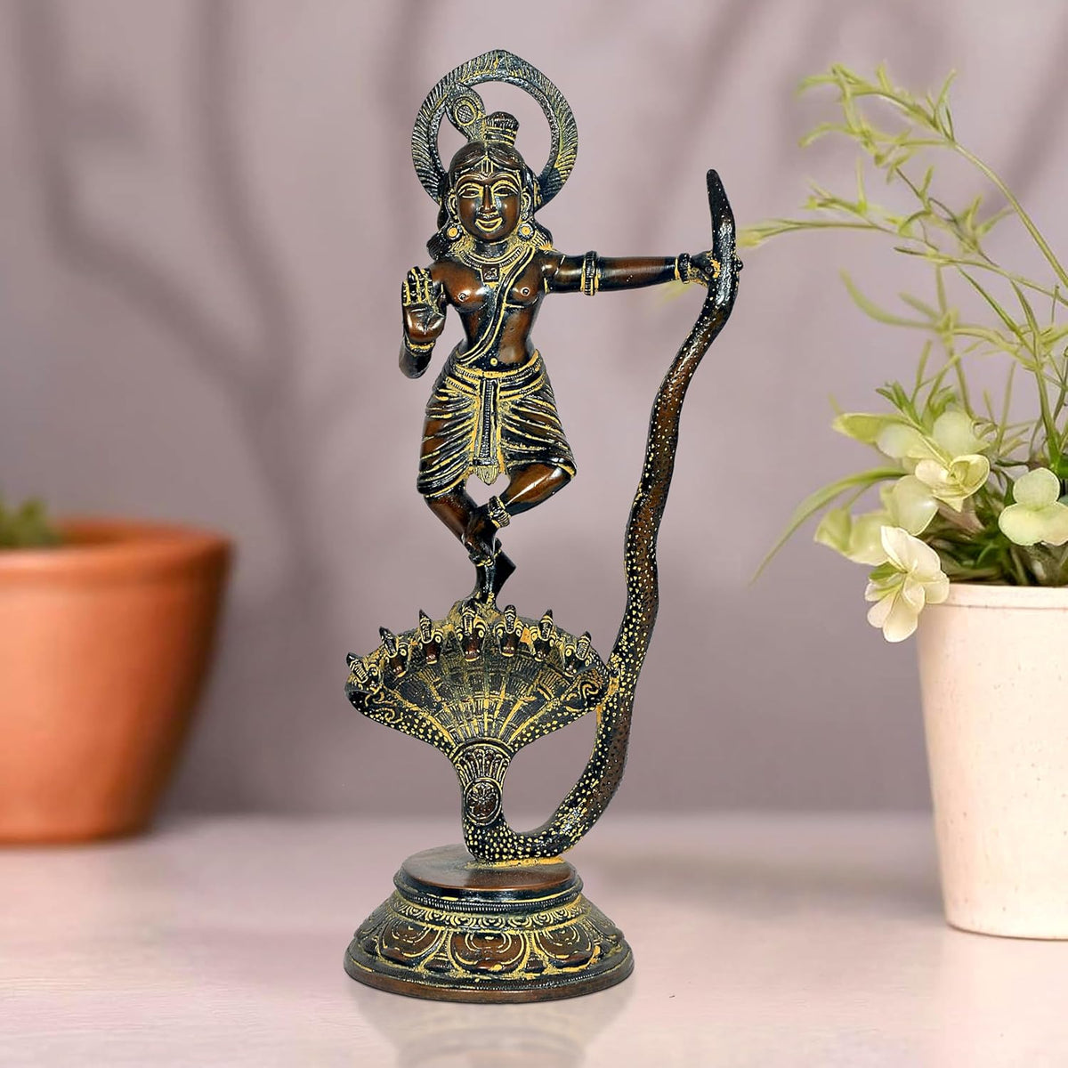 Brass Krishna dancing deity statue on Kaliya serpent, ornate base, 13 in