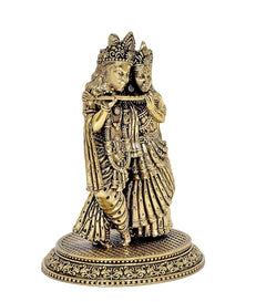Radha Krishna standing brass idol with detailed headdress and ornaments, 5 inch
