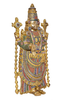 Brass Tirupati Bala Ji idol statue, standing pose with ornate multicolour blue red gold patterns