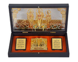 Open black display box with gold-plated Lord Ram Darbar centerpiece and two inscribed side plaques