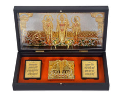 Open black display box with gold-plated Lord Ram Darbar centerpiece and two inscribed side plaques