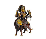 Brass Durga statue with lion, side view showing detailed jewelry and weapons