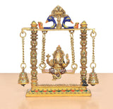 Brass Ganesha swing idol on golden base, multicolor Meenakari details