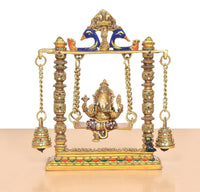 Brass Ganesha swing idol on golden base, multicolor Meenakari details