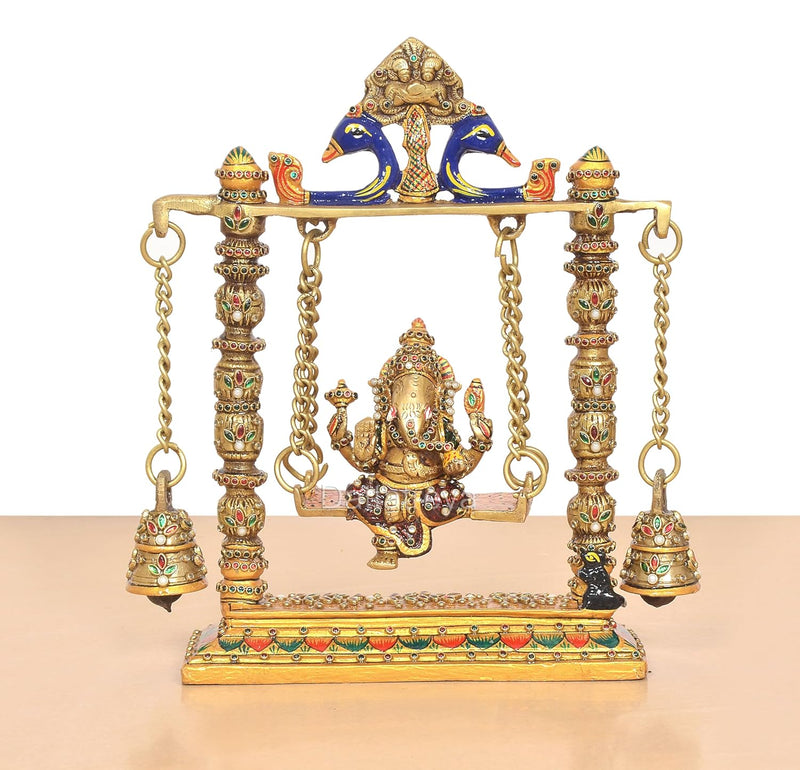 Brass Ganesha On Swing with Two Parrot Holding Chain Idol (Height 10 Inch)