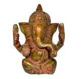 Brass Ganesha idol statue, front view with raised hands, crown detailing and painted accents