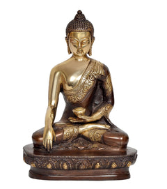Meditating Buddha idol with dhyan mudra hands, gold-toned face, on dark round base