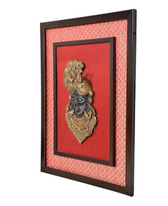 Portrait wall hanging frame with Shreenath ji brass idol and red backing panel