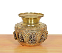Brass decorative kalash lota with detailed engraved band and side goddess motifs, 5 in