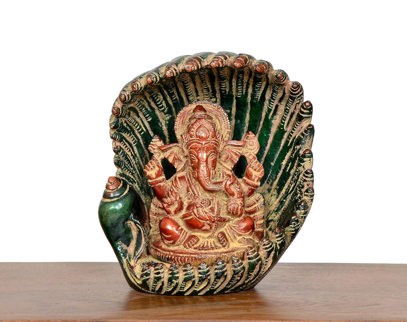 Brass Lord Ganesha in Green Shankh Shell Showpiece (Height 5.5 Inch)