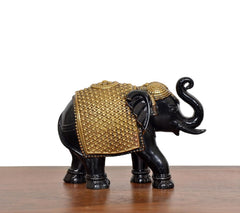 Schwarzer Elefant mit goldenem Sattel-Design, Blick von der Seite mit gewölbtem Rücken