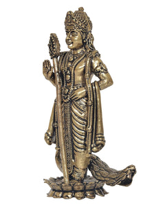 Superfine brass Murugan statue, 4 inch, side view with beaded robe and peacock