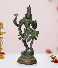 Ardhanrishvara (Shiva-Parvati) brass statue in dynamic dancing pose with green patina