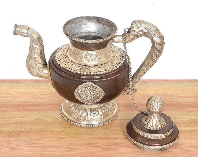 Traditional Himalayan Brass Teapot Tea Kettle Decorative Showpiece (Height: 11 Inches)