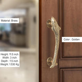 Golden brass fish door handle pair; two tall handles with round mounting plates