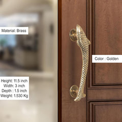 Golden brass fish door handle pair; two tall handles with round mounting plates