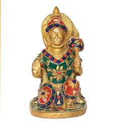 Hanumanji brass statue, standing posture with jeweled crown and multicolor attire