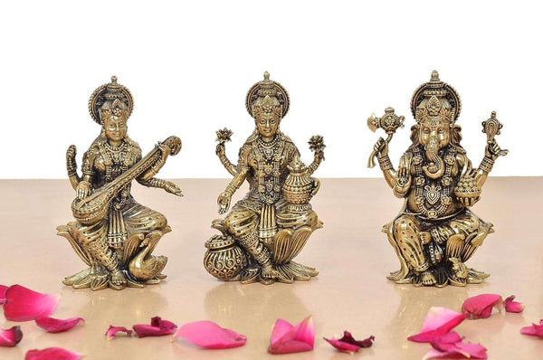 Superfine Brass Lakshmi Ganesha Saraswati Idol (Height 4 Inch) Entryway Setting
