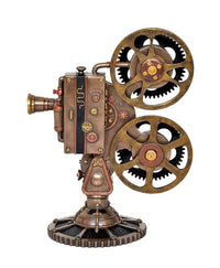 Resin steampunk projector statue front view with two brass gear wheels and LED-style lens