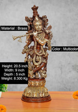 Brass Krishna flute sculpture with multicolor finish; 20.5 in height, full figure on base
