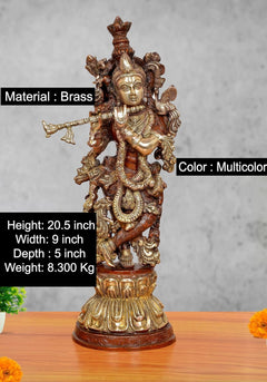 Brass Krishna flute sculpture with multicolor finish; 20.5 in height, full figure on base