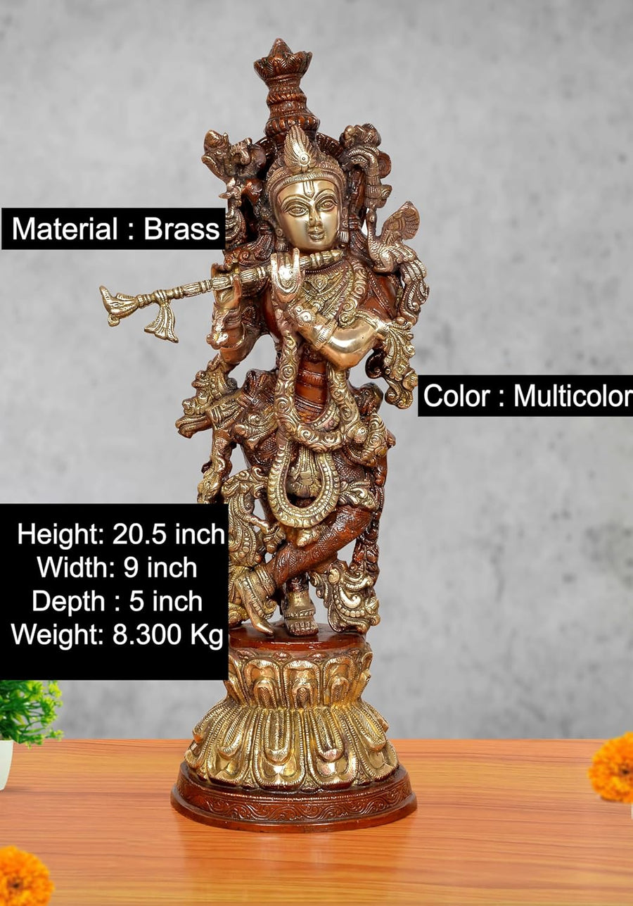 Brass Lord Krishna Sculpture Playing Flute (Height 20.5 Inch) Craft Detail
