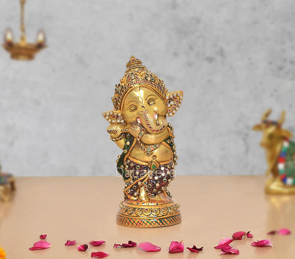 Brass Baby Music Ganesha Sculpture with Meenakari Work(Height 6 Inch)