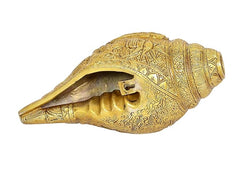 Brass shankh wall hanging, open end with ornate engraved patterns