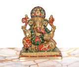 Seated Lord Ganesha brass idol, multicolor painted details, patterned crown and jewelry