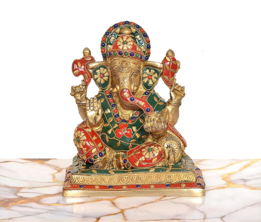 Brass Sitting Lord Ganesha Idol (Height 8 Inch) (Multicolor 1)