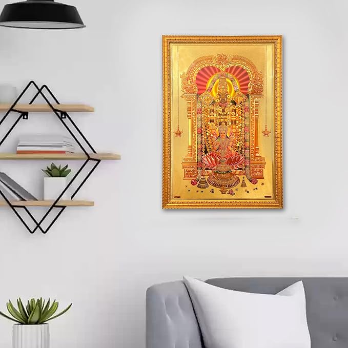 Tirupati Balaji & Lakshmi foil framed wall poster, ornate gold frame, 20x14 in